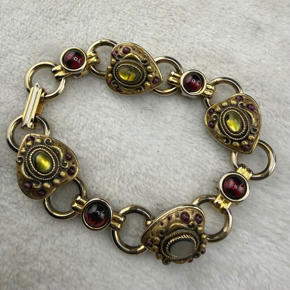 estate Jewelry - Vintage  Heart Link Bracelet Gold Red Green  7.5in
